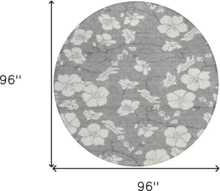 8' Gray And Ivory Round Floral Washable Indoor Outdoor Area Rug Photo 3