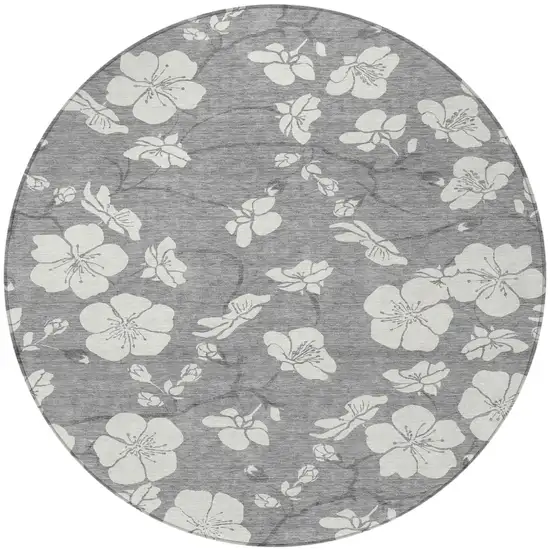 8' Gray And Ivory Round Floral Washable Indoor Outdoor Area Rug Photo 5