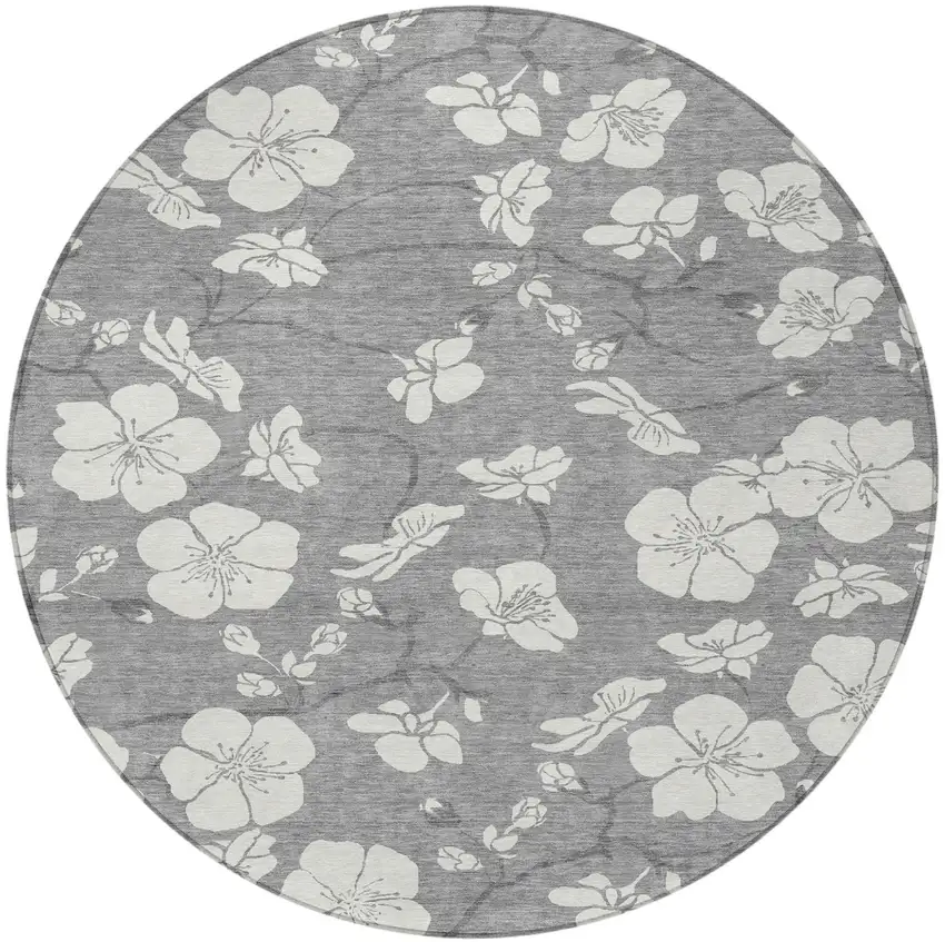 8' Gray And Ivory Round Floral Washable Indoor Outdoor Area Rug Photo 5