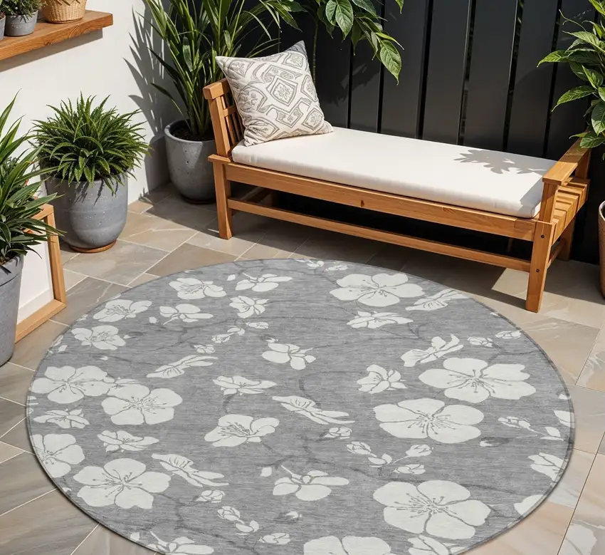 8' Gray And Ivory Round Floral Washable Indoor Outdoor Area Rug Photo 1