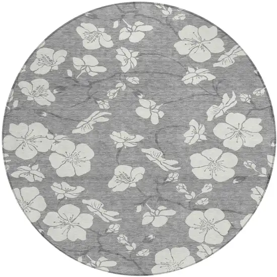 8' Gray And Ivory Round Floral Washable Indoor Outdoor Area Rug Photo 2