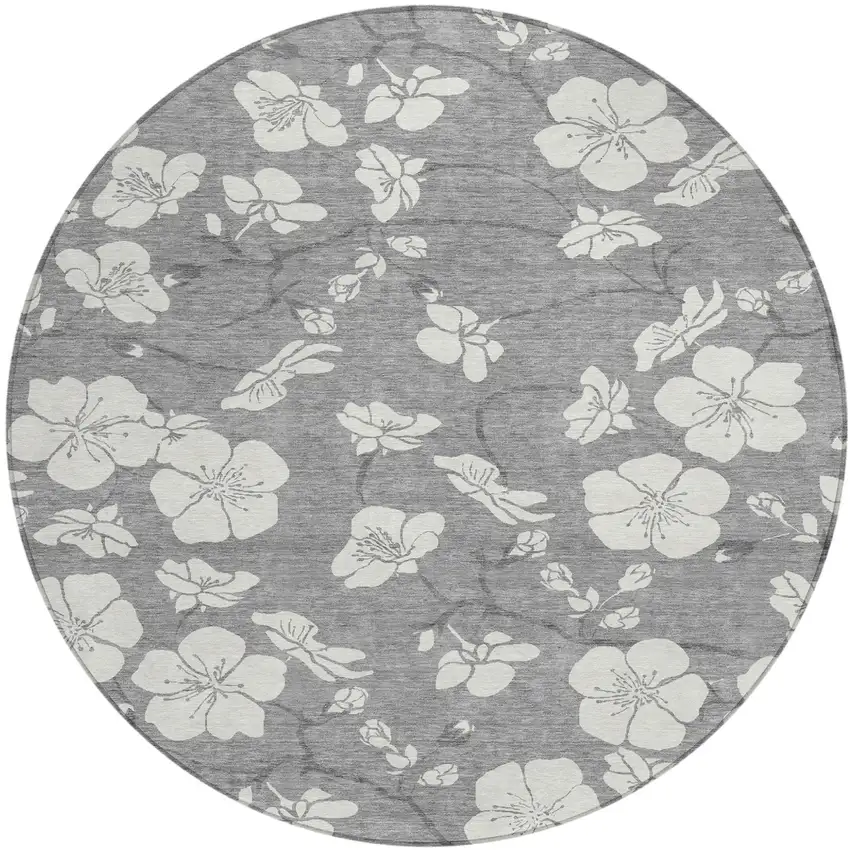 8' Gray And Ivory Round Floral Washable Indoor Outdoor Area Rug Photo 2
