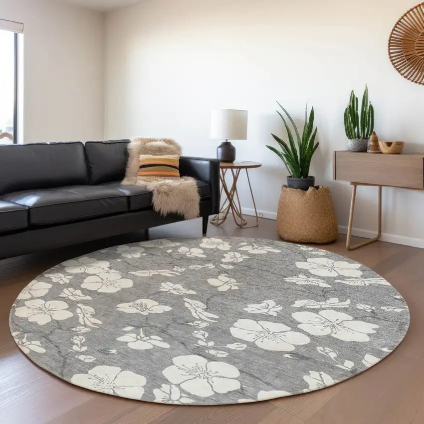 8' Gray And Ivory Round Floral Washable Indoor Outdoor Area Rug Photo 7
