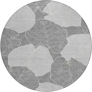 Photo of 8' Gray And Ivory Round Floral Washable Indoor Outdoor Area Rug