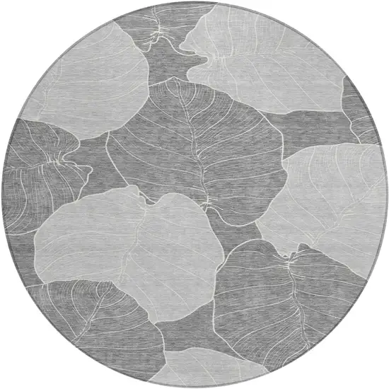 8' Gray And Ivory Round Floral Washable Indoor Outdoor Area Rug Photo 1