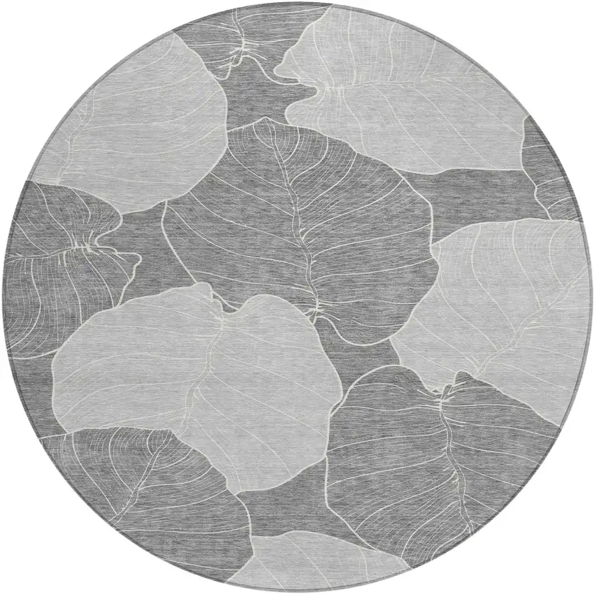 8' Gray And Ivory Round Floral Washable Indoor Outdoor Area Rug Photo 1