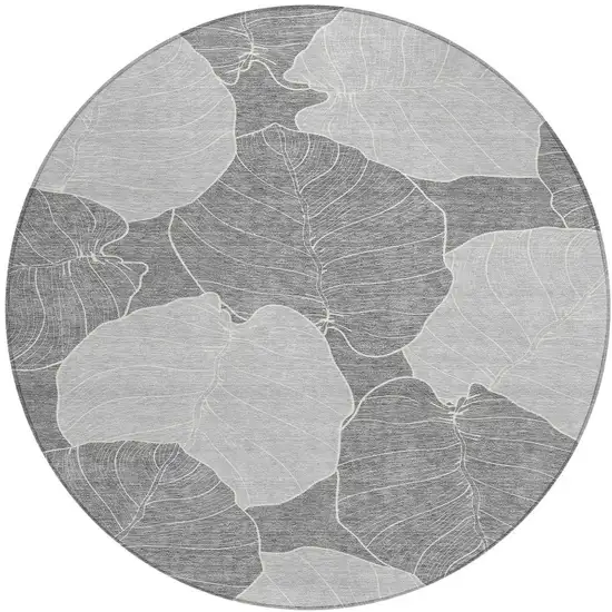 8' Gray And Ivory Round Floral Washable Indoor Outdoor Area Rug Photo 2