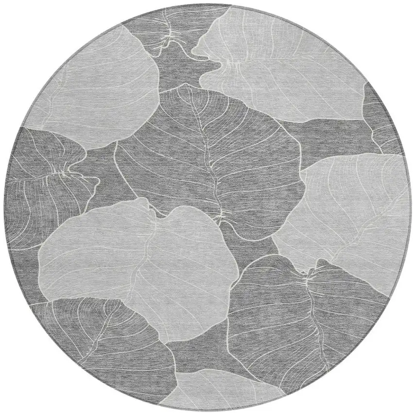 8' Gray And Ivory Round Floral Washable Indoor Outdoor Area Rug Photo 2