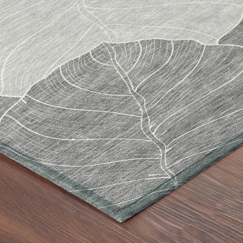 8' Gray And Ivory Round Floral Washable Indoor Outdoor Area Rug Photo 6