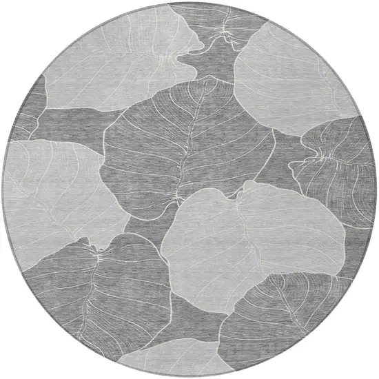 8' Gray And Ivory Round Floral Washable Indoor Outdoor Area Rug Photo 3
