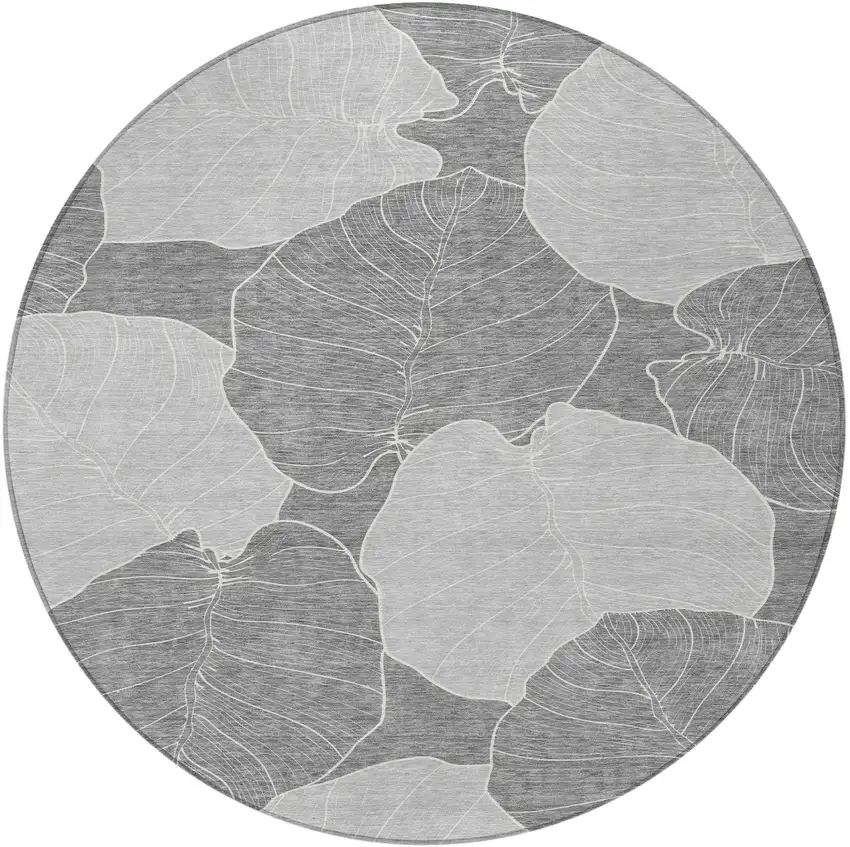 8' Gray And Ivory Round Floral Washable Indoor Outdoor Area Rug Photo 3