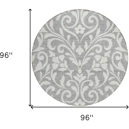 8' Gray And Ivory Round Floral Washable Indoor Outdoor Area Rug Photo 5