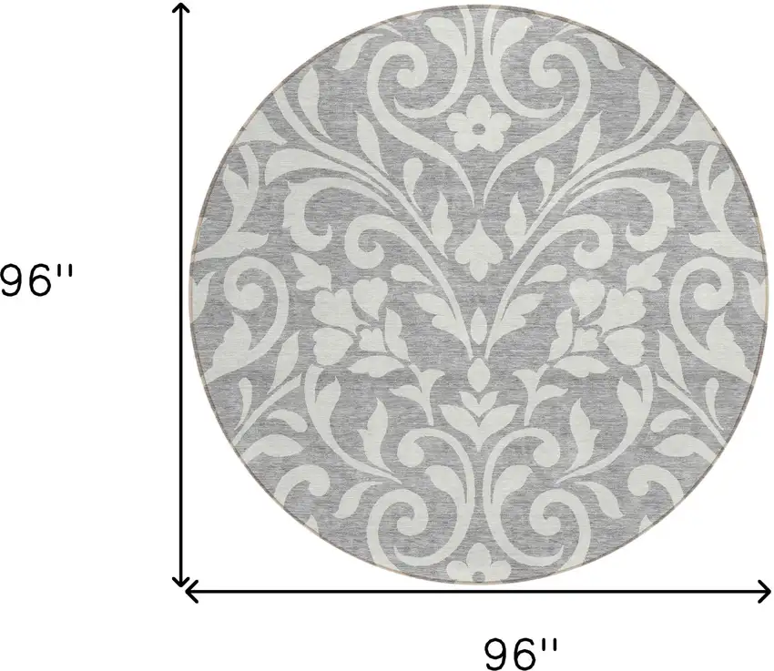 8' Gray And Ivory Round Floral Washable Indoor Outdoor Area Rug Photo 5