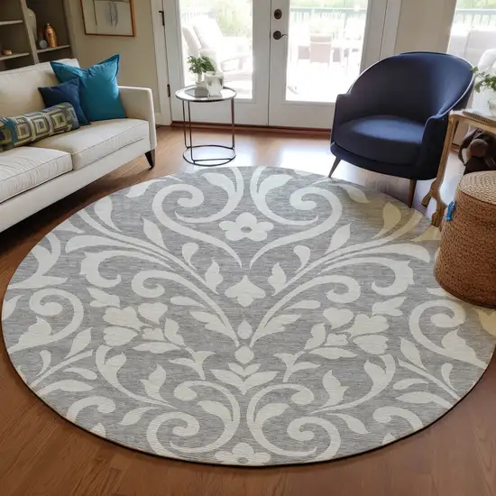 8' Gray And Ivory Round Floral Washable Indoor Outdoor Area Rug Photo 7