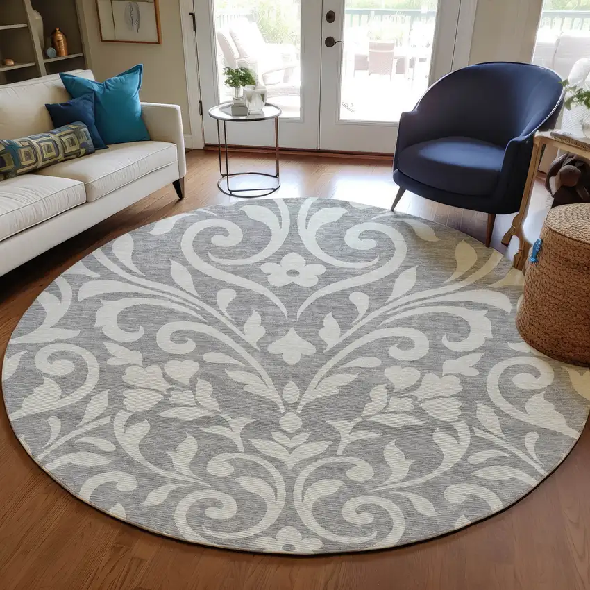 8' Gray And Ivory Round Floral Washable Indoor Outdoor Area Rug Photo 7