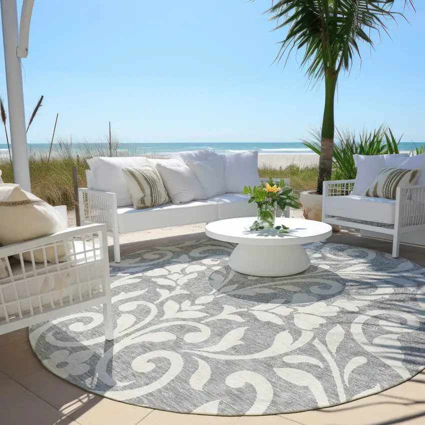 8' Gray And Ivory Round Floral Washable Indoor Outdoor Area Rug Photo 6