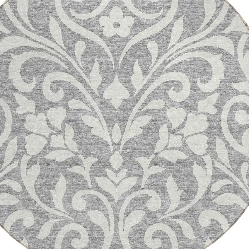 8' Gray And Ivory Round Floral Washable Indoor Outdoor Area Rug Photo 3