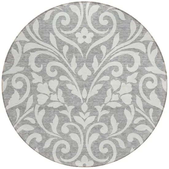 8' Gray And Ivory Round Floral Washable Indoor Outdoor Area Rug Photo 5