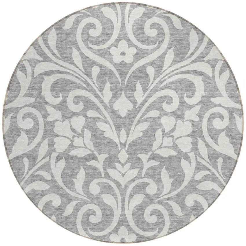 8' Gray And Ivory Round Floral Washable Indoor Outdoor Area Rug Photo 5