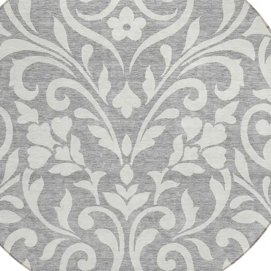 8' Gray And Ivory Round Floral Washable Indoor Outdoor Area Rug Photo 4