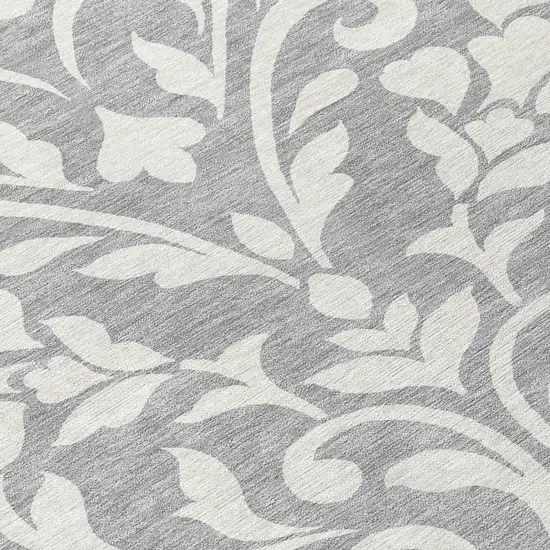 8' Gray And Ivory Round Floral Washable Indoor Outdoor Area Rug Photo 8