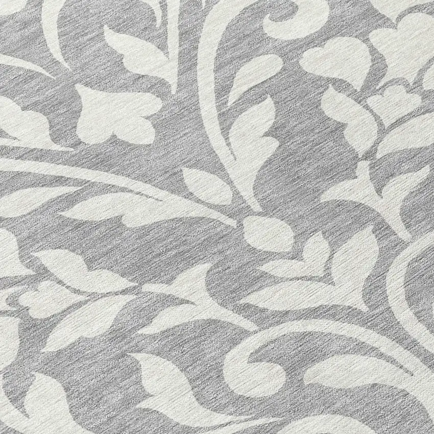 8' Gray And Ivory Round Floral Washable Indoor Outdoor Area Rug Photo 8