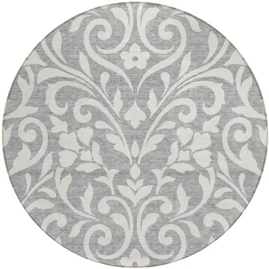 8' Gray And Ivory Round Floral Washable Indoor Outdoor Area Rug Photo 2