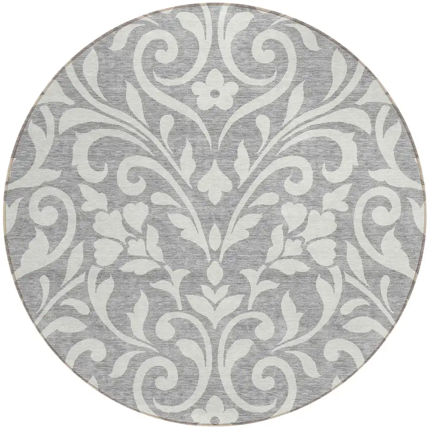 8' Gray And Ivory Round Floral Washable Indoor Outdoor Area Rug Photo 2