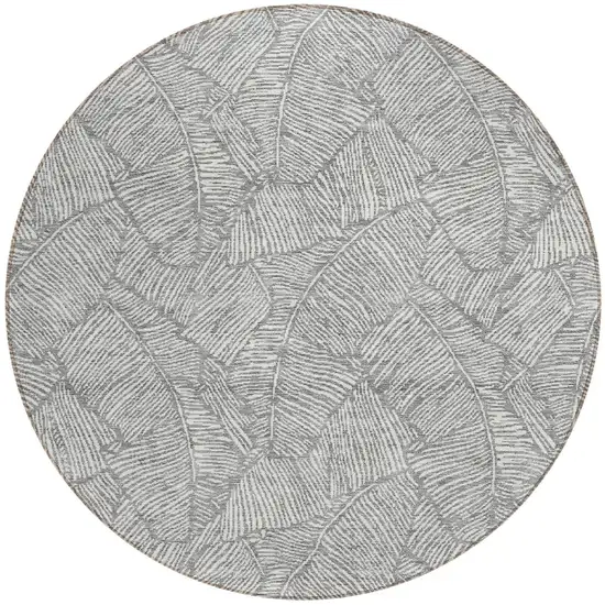 8' Gray And Ivory Round Floral Washable Indoor Outdoor Area Rug Photo 5