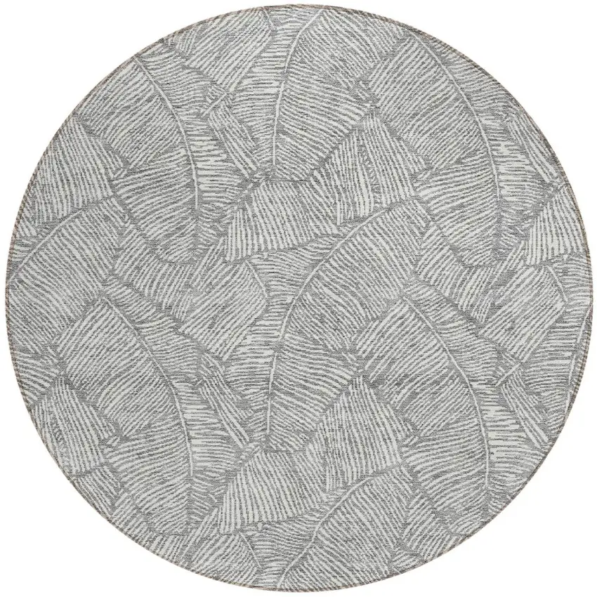 8' Gray And Ivory Round Floral Washable Indoor Outdoor Area Rug Photo 5
