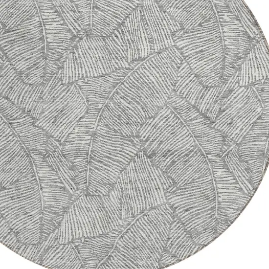 8' Gray And Ivory Round Floral Washable Indoor Outdoor Area Rug Photo 4