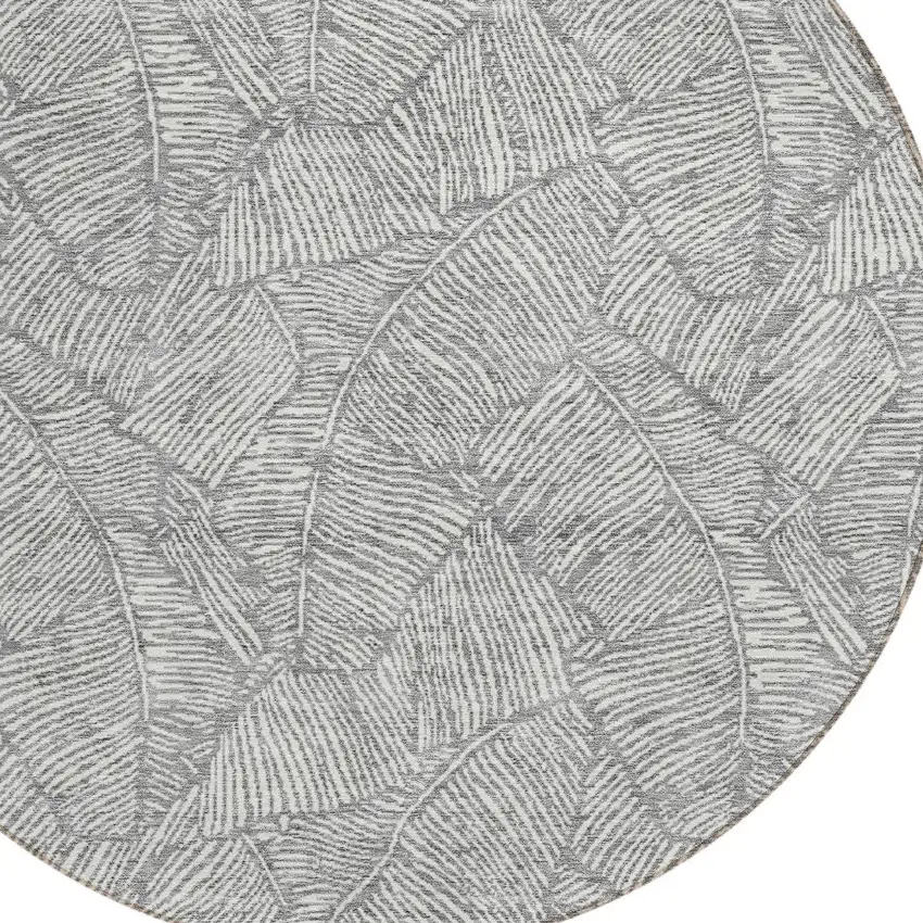 8' Gray And Ivory Round Floral Washable Indoor Outdoor Area Rug Photo 4