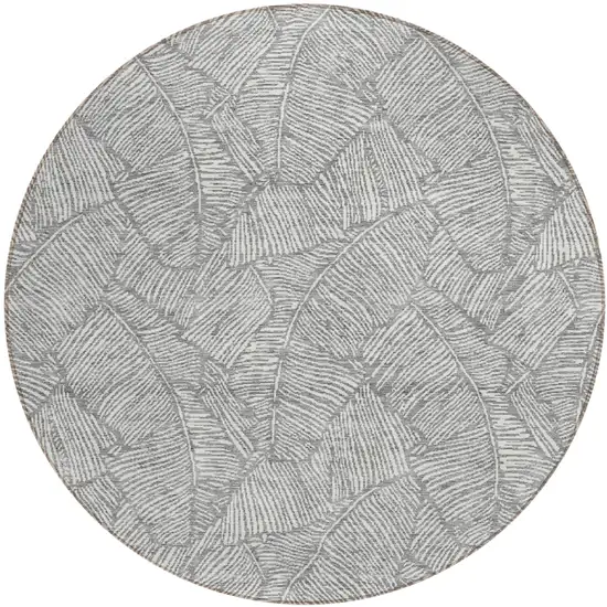8' Gray And Ivory Round Floral Washable Indoor Outdoor Area Rug Photo 2