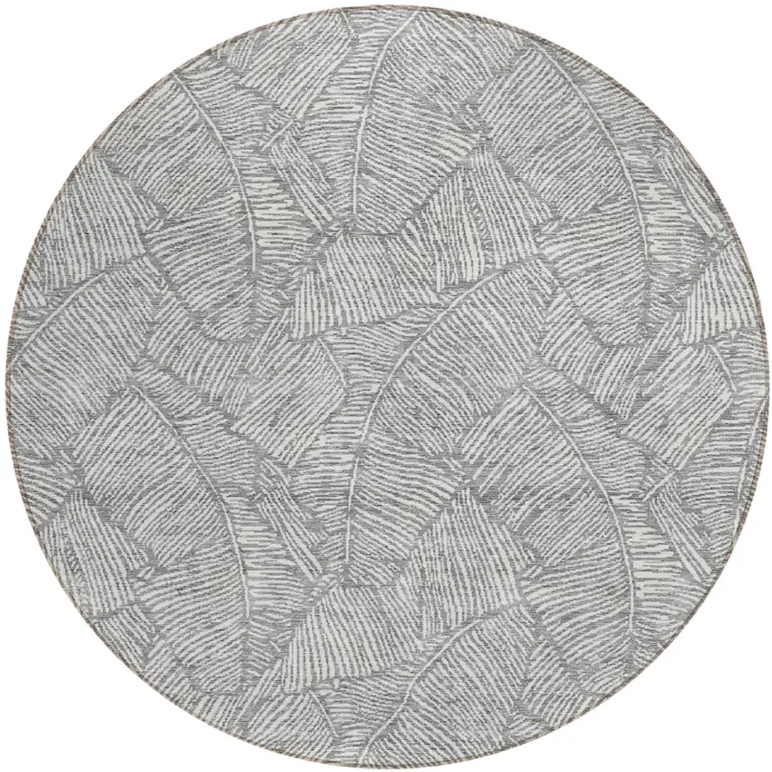 8' Gray And Ivory Round Floral Washable Indoor Outdoor Area Rug Photo 2