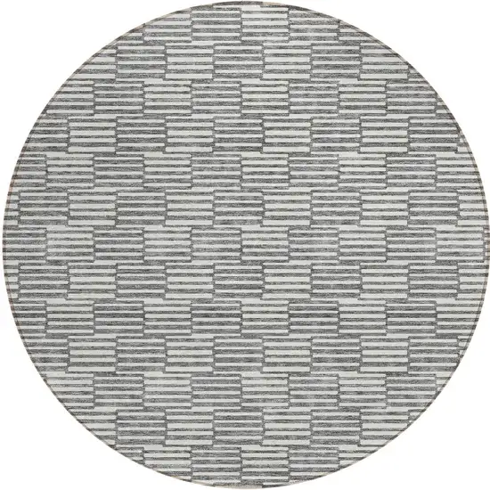 8' Gray And Ivory Round Geometric Washable Indoor Outdoor Area Rug Photo 4