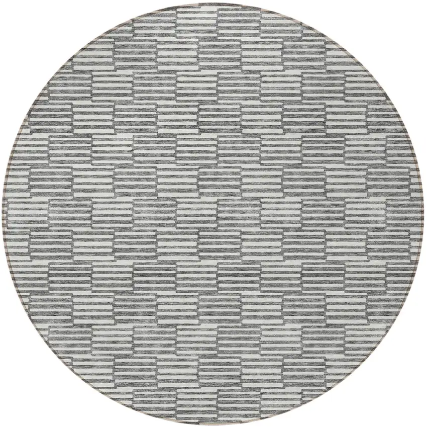 8' Gray And Ivory Round Geometric Washable Indoor Outdoor Area Rug Photo 5
