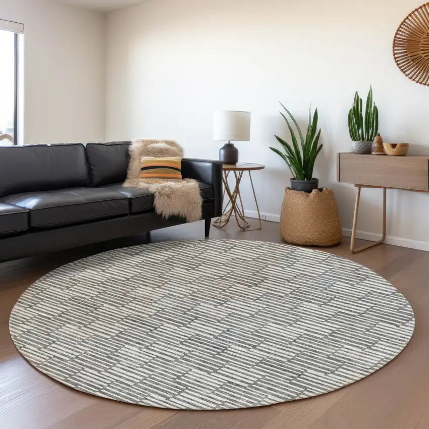 8' Gray And Ivory Round Geometric Washable Indoor Outdoor Area Rug Photo 7