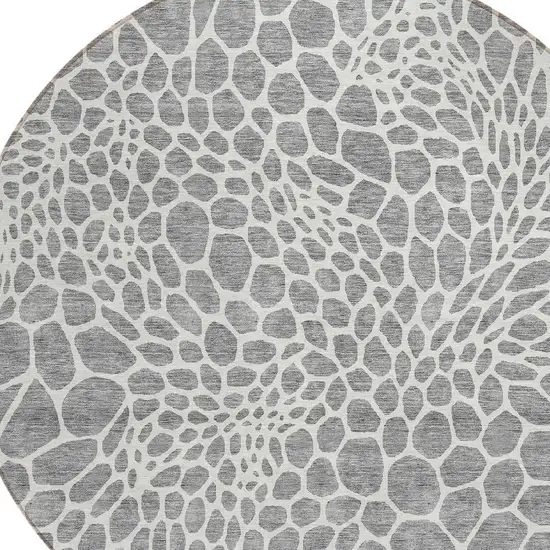 8' Gray And Ivory Round Geometric Washable Indoor Outdoor Area Rug Photo 5