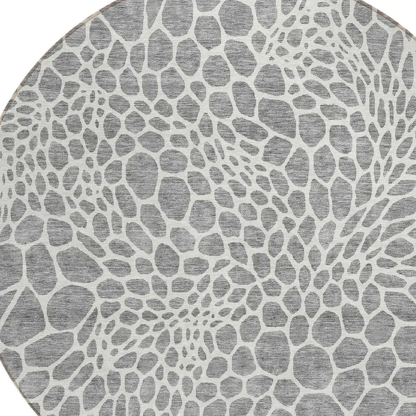8' Gray And Ivory Round Geometric Washable Indoor Outdoor Area Rug Photo 5