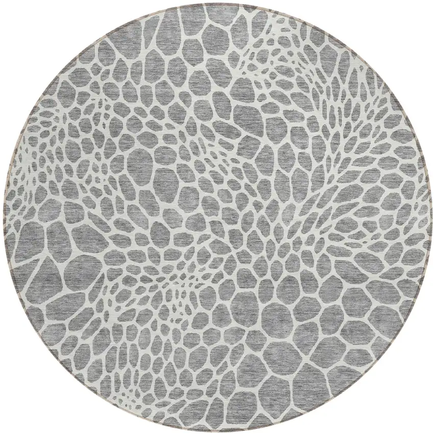 8' Gray And Ivory Round Geometric Washable Indoor Outdoor Area Rug Photo 2