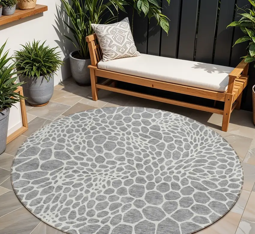 8' Gray And Ivory Round Geometric Washable Indoor Outdoor Area Rug Photo 1