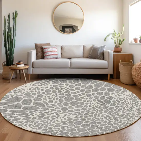 8' Gray And Ivory Round Geometric Washable Indoor Outdoor Area Rug Photo 8
