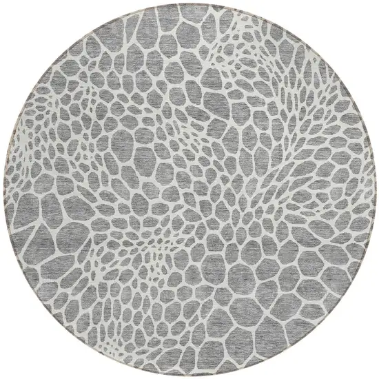 8' Gray And Ivory Round Geometric Washable Indoor Outdoor Area Rug Photo 6