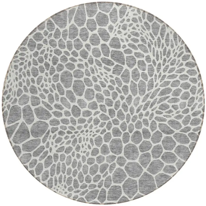 8' Gray And Ivory Round Geometric Washable Indoor Outdoor Area Rug Photo 6