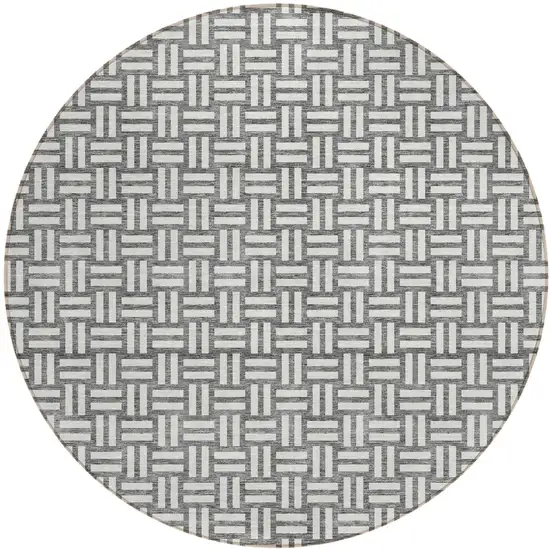 8' Gray And Ivory Round Geometric Washable Indoor Outdoor Area Rug Photo 2
