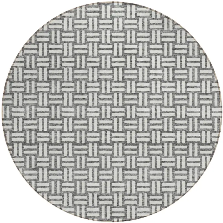 8' Gray And Ivory Round Geometric Washable Indoor Outdoor Area Rug Photo 2
