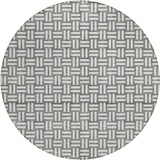 8' Gray And Ivory Round Geometric Washable Indoor Outdoor Area Rug Photo 5