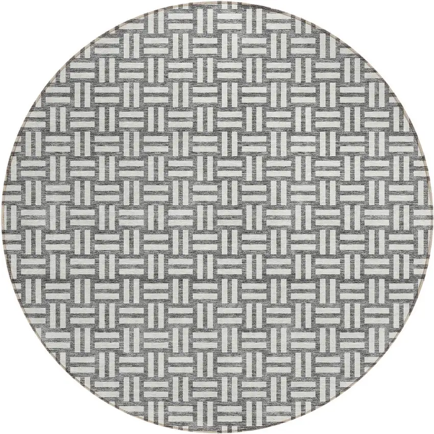 8' Gray And Ivory Round Geometric Washable Indoor Outdoor Area Rug Photo 5