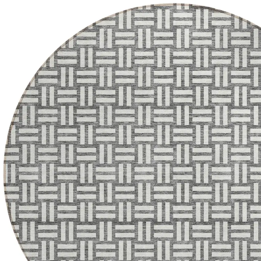 8' Gray And Ivory Round Geometric Washable Indoor Outdoor Area Rug Photo 4