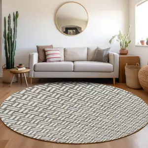 Photo of 8' Gray And Ivory Round Geometric Washable Indoor Outdoor Area Rug
